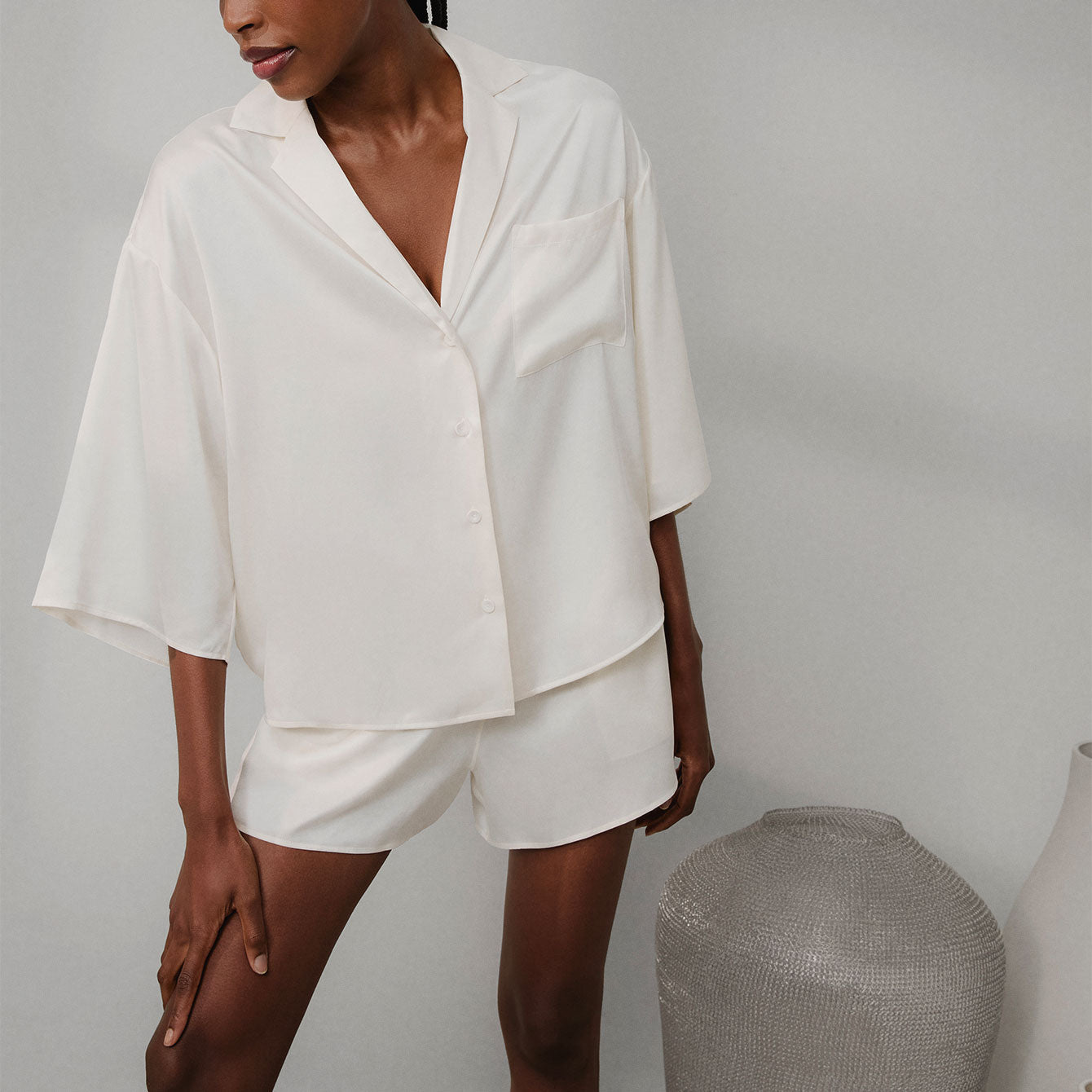 Intermix - Washable Silk Relaxed Button Up Short Set -