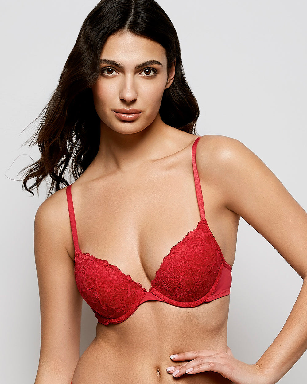 Intermix - Push Up Plunge Bra with Lace in Cosmo Red - 