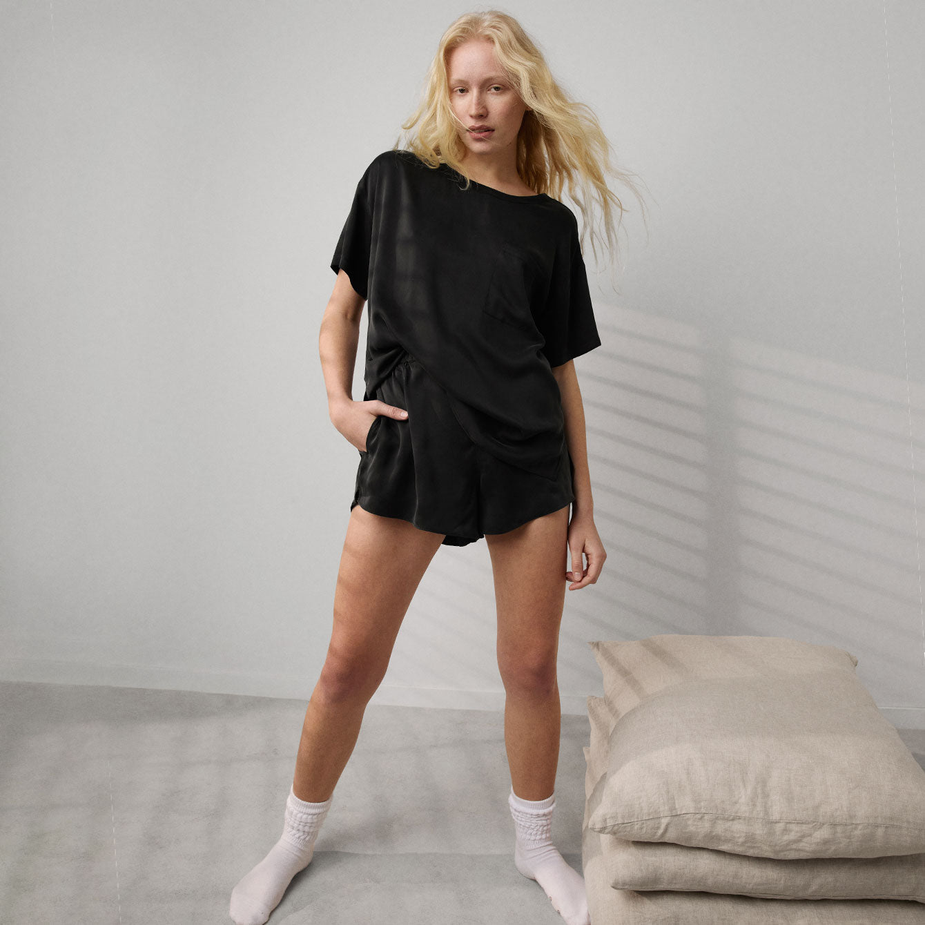 Intermix - Washable Silk Tee Short Set - 