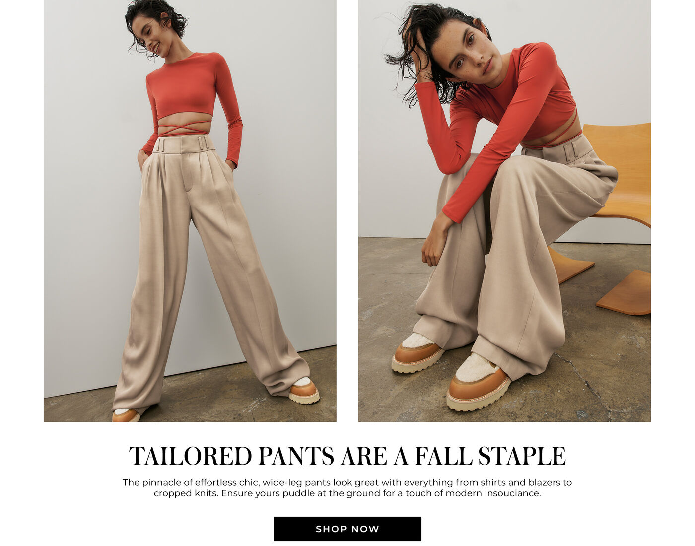 KHAKI TAILORED TROUSERS PAIRED WITH RED-ORANGE CROPPED WRAP LONG-SLEEVE