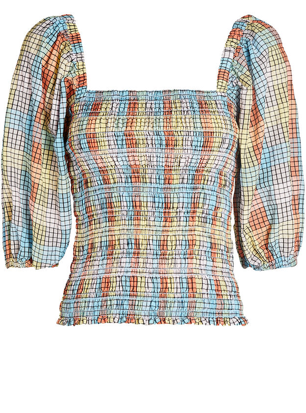 Smocked Check Puff Sleeve Top