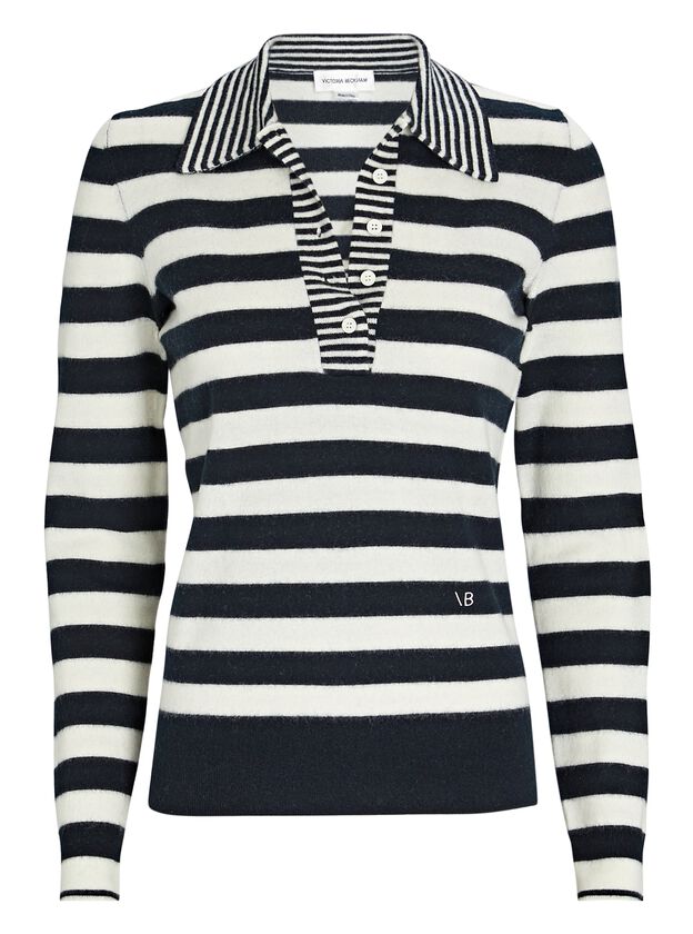 Striped Wool-Cashmere Polo Sweater