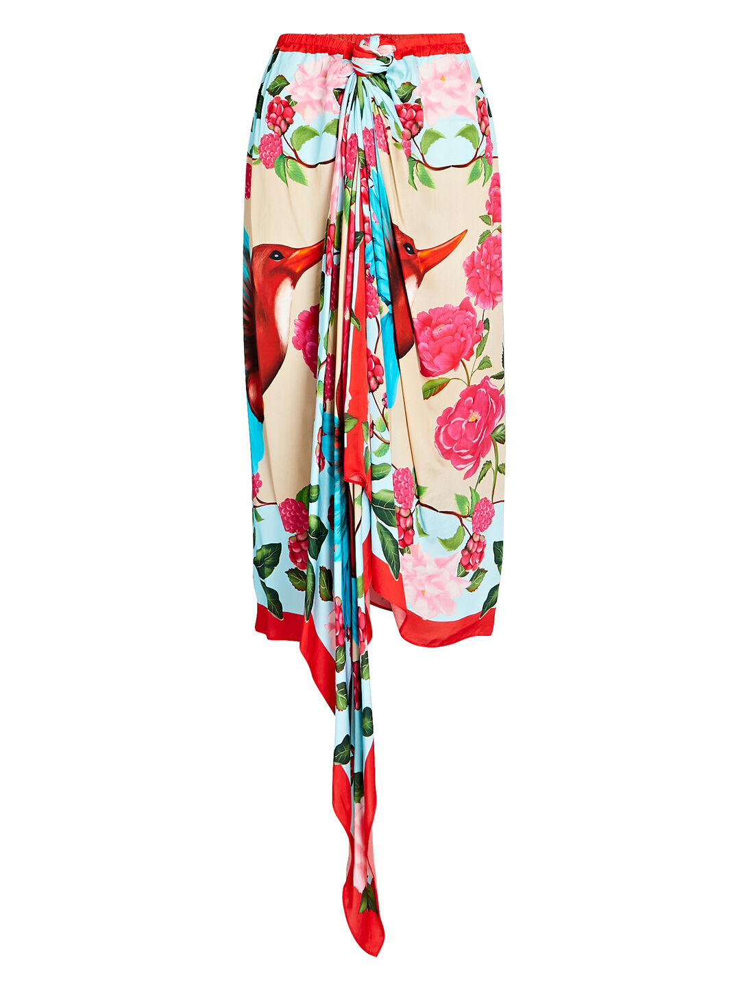 Draped Printed Satin Midi Skirt