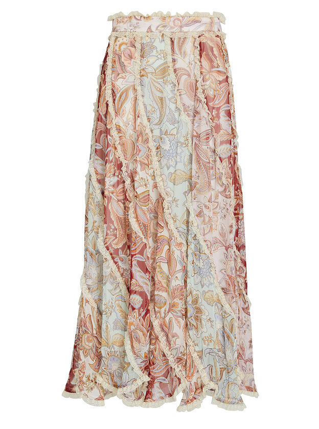 Ladybeetle Silk Floral Spliced Midi Skirt