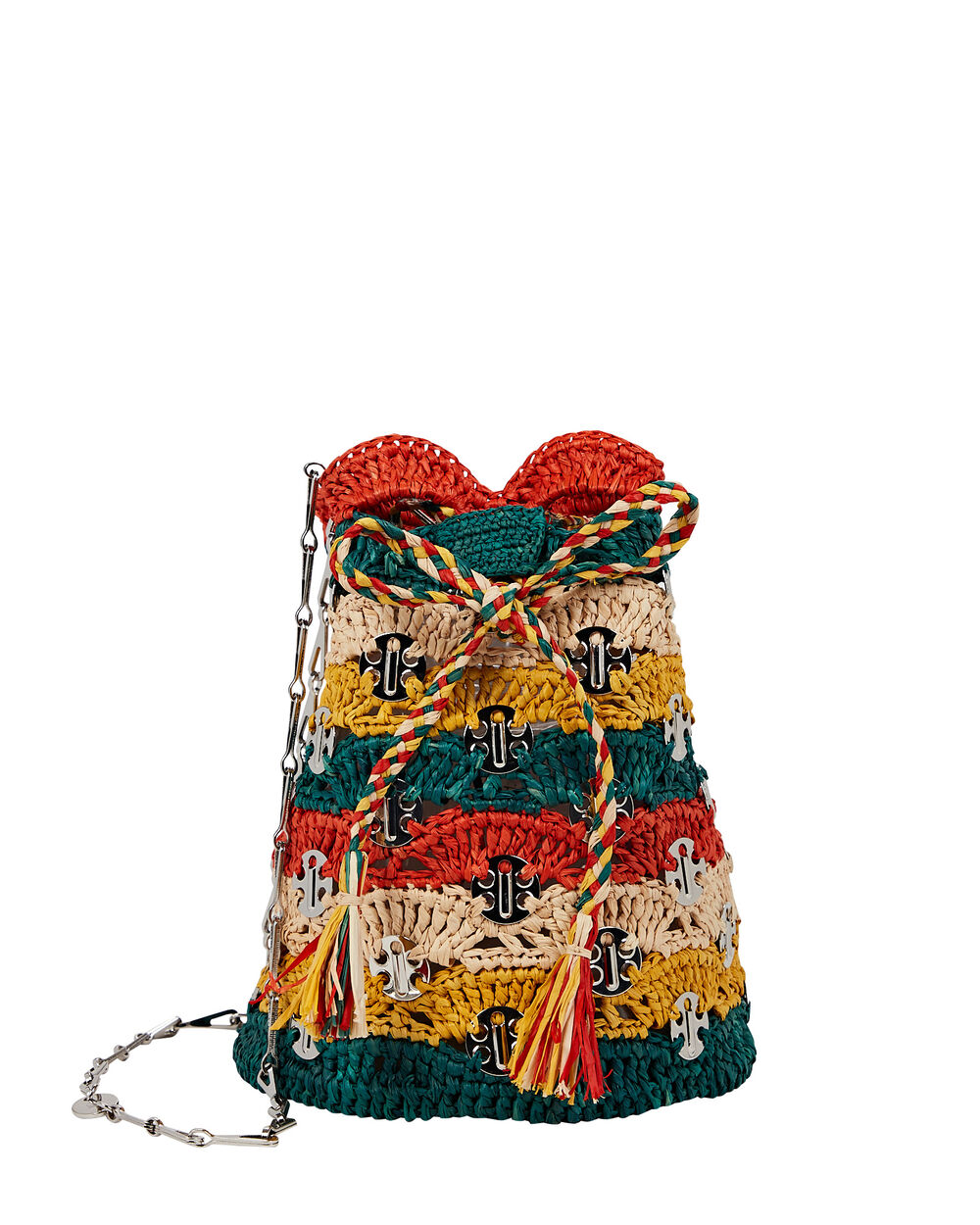 Embellished Raffia Bucket Bag in Multicoloured - Rabanne