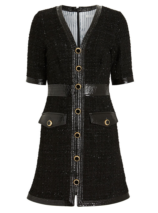 Simona Vegan Leather-Trimmed Tweed Dress