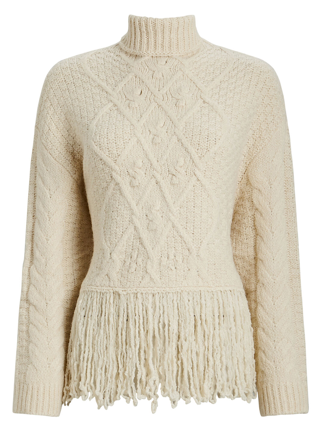 Chill Fringed Cable-Knit Turtleneck Sweater