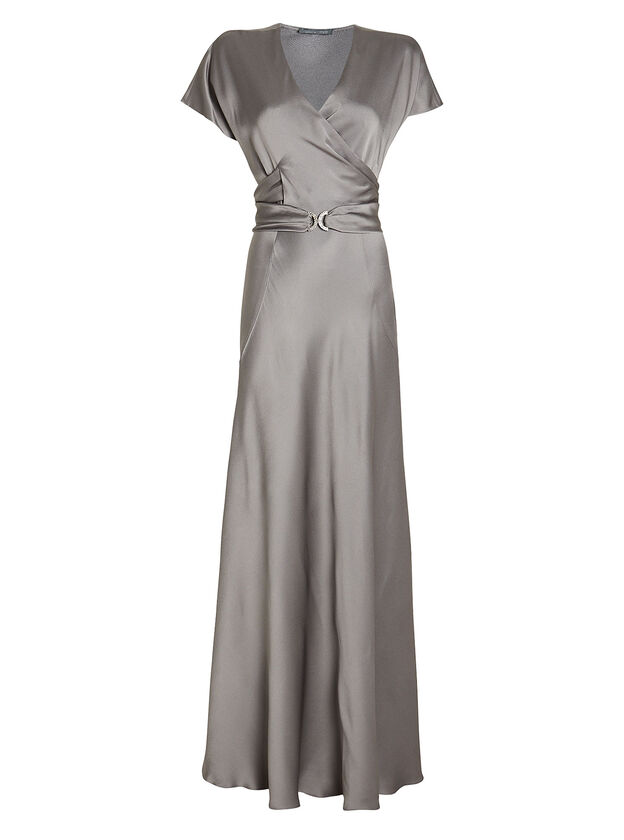 Belted Satin Wrap Gown