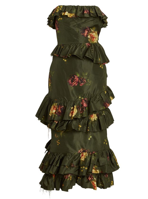 Strapless Floral Taffeta Midi Dress