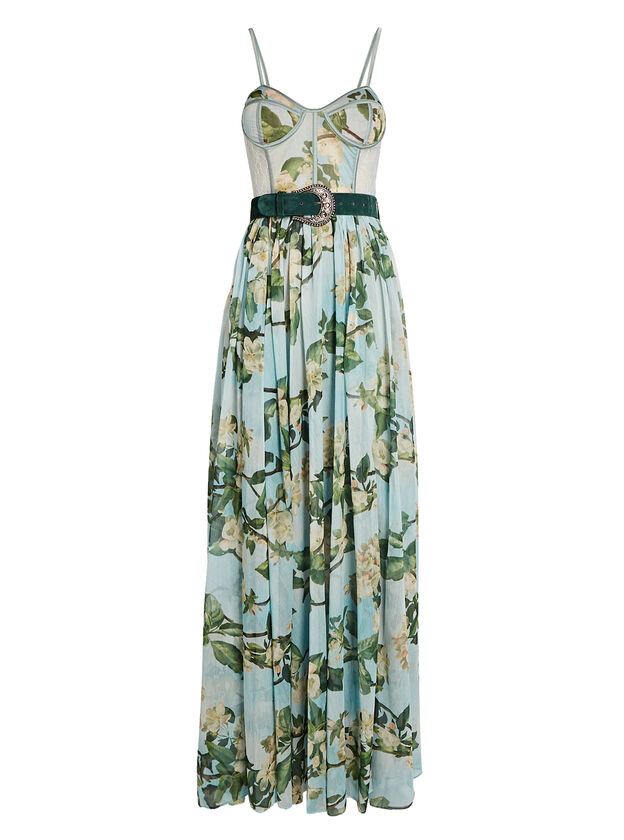 Belted Floral Bustier Maxi Dress