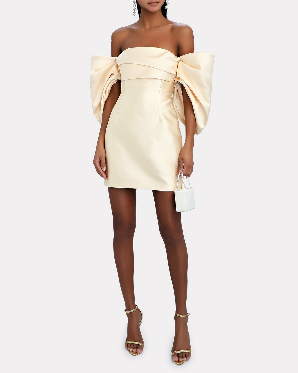 Solace London Elina Off-The-Shoulder Duchesse Satin Mini Dress in Ivory | INTERMIX®