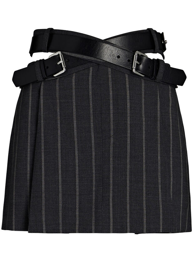 Criss-Cross Belted Pinstripe Mini Skirt