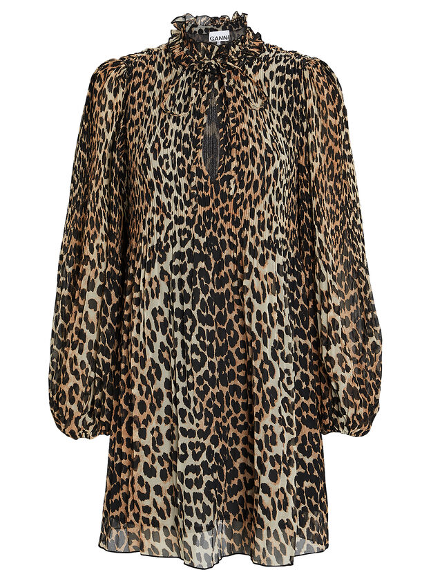Pleated Georgette Leopard Dress