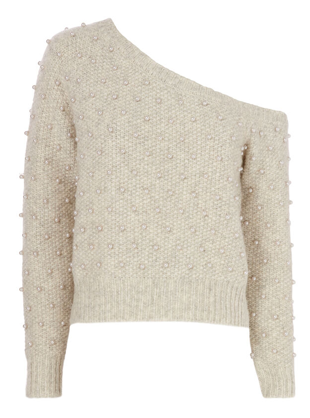 Pearl-Embellished Off Shoulder Sweater