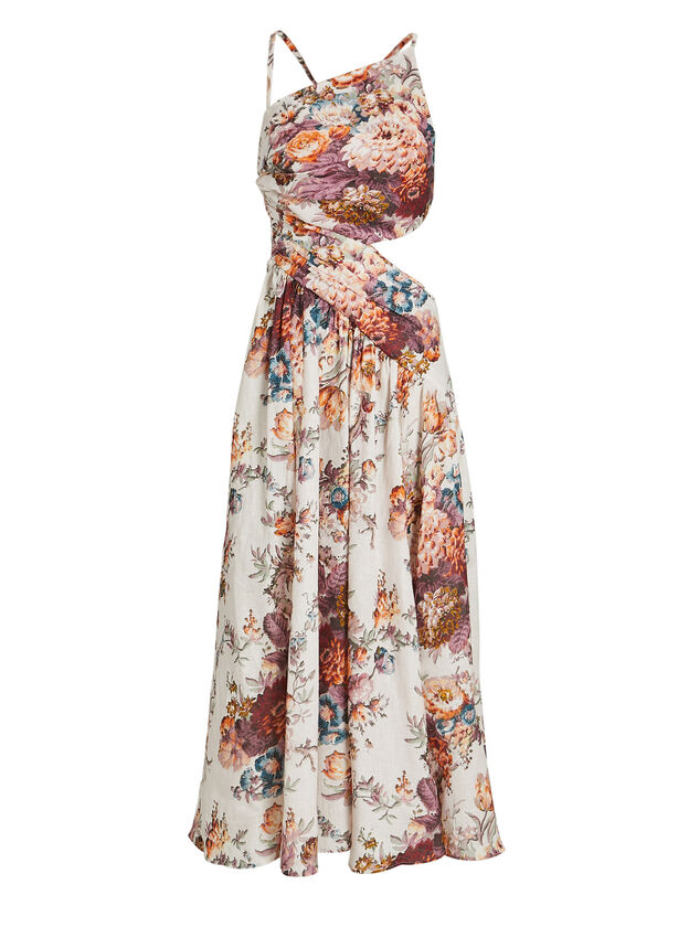 Asymmetric Tie-Back Floral Midi Dress