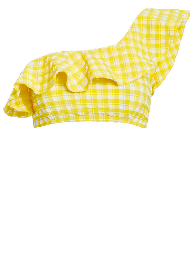 Yellow Seersucker One Shoulder Bikini Top