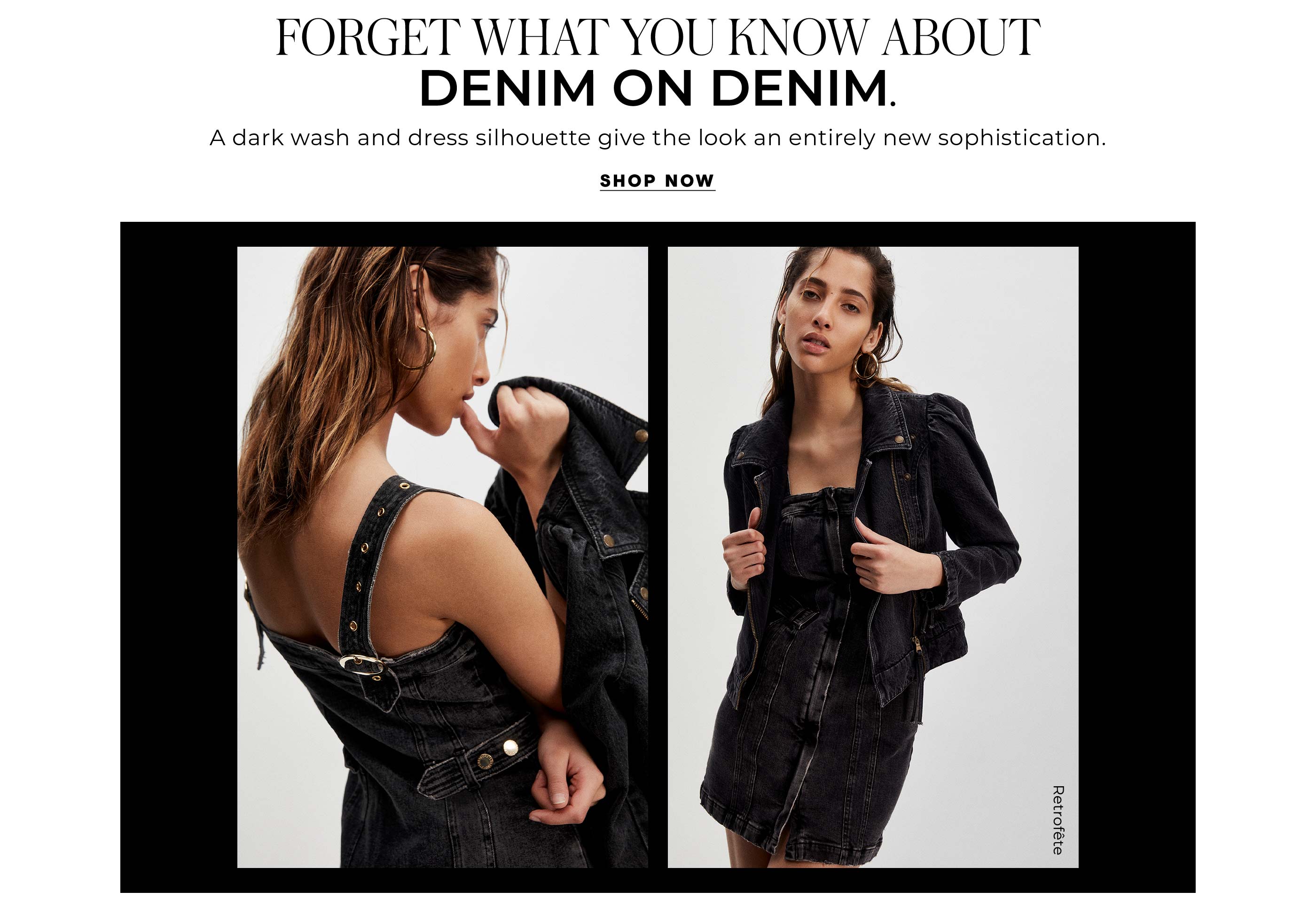 "Forget What You Know About Denim On Denim. A dark wash and dress silhouette give the look an entirely new sophistication."