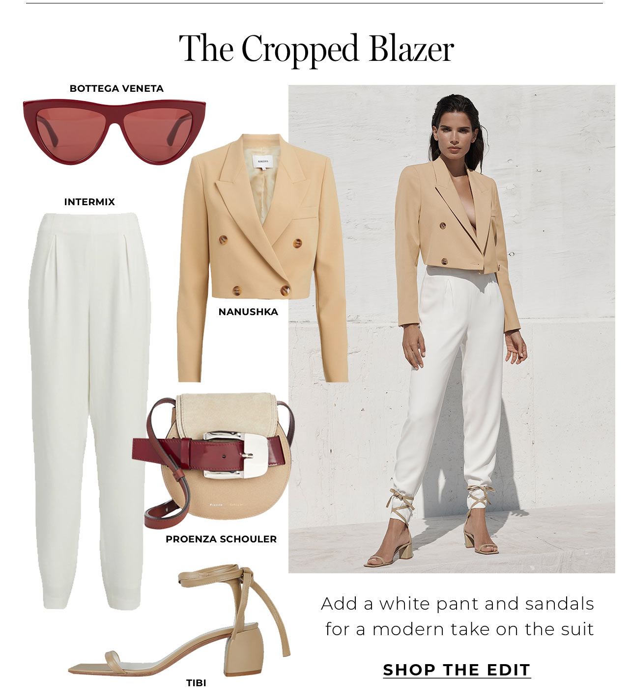 A cropped blazer and white pant is a modern take on the suit