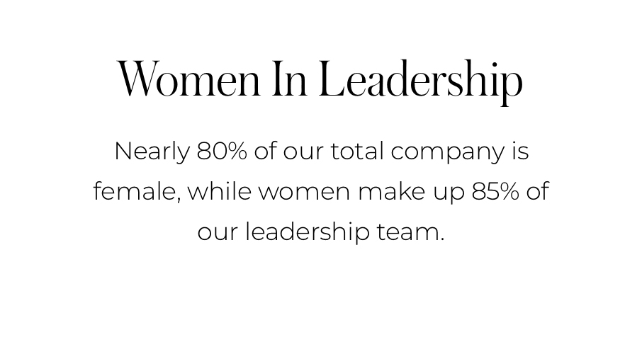 "WOMEN IN LEADERSHIP Nearly 80% of our total company is female, while women make up 85% of our leadership team. "