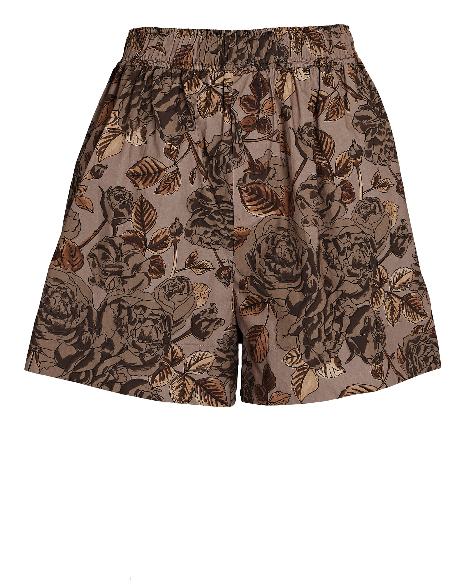 Ganni Floral Cotton Poplin Shorts In Brown