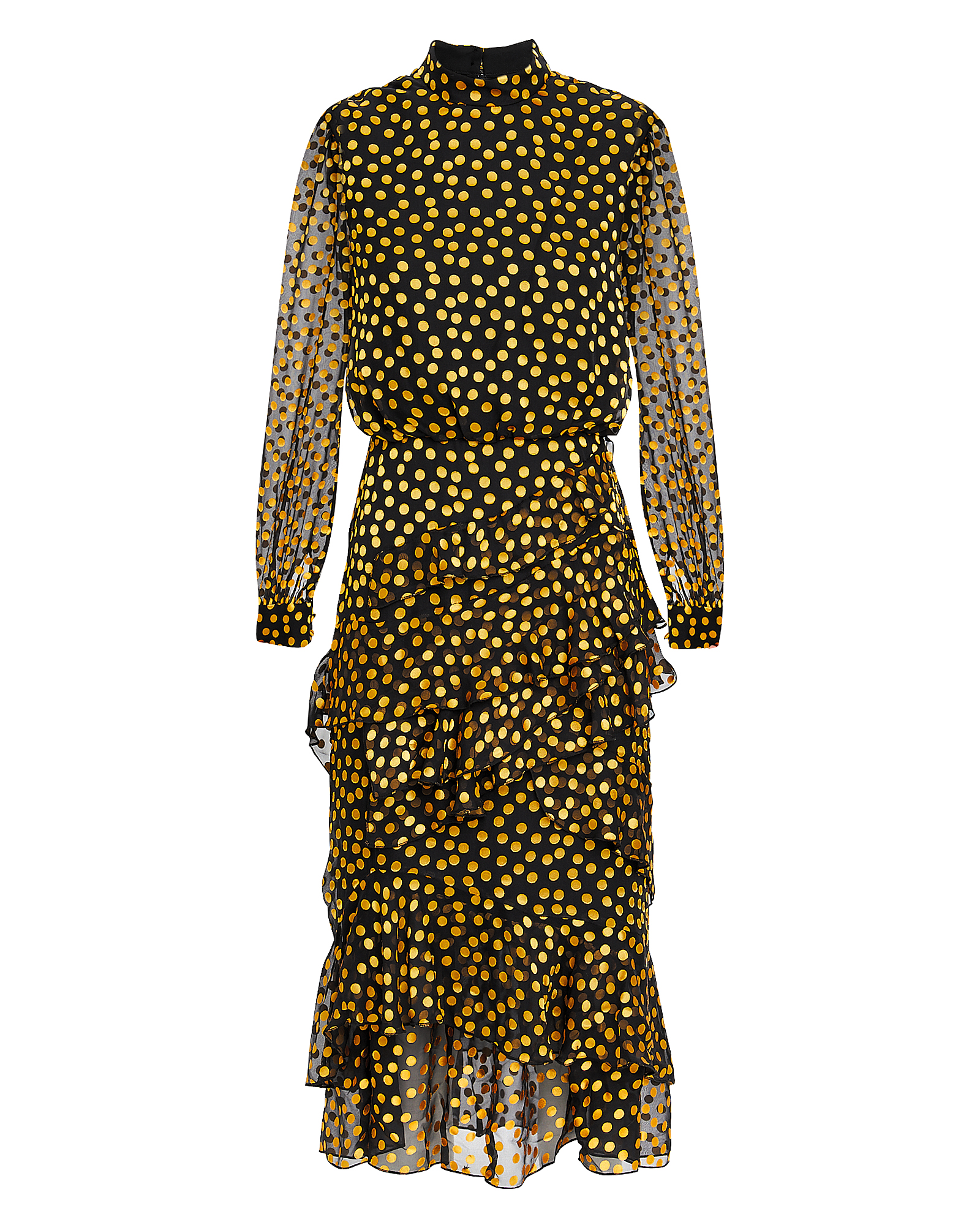 Black & Yellow Polka Dot Silk Ruffle Designer Midi Dress | Saloni