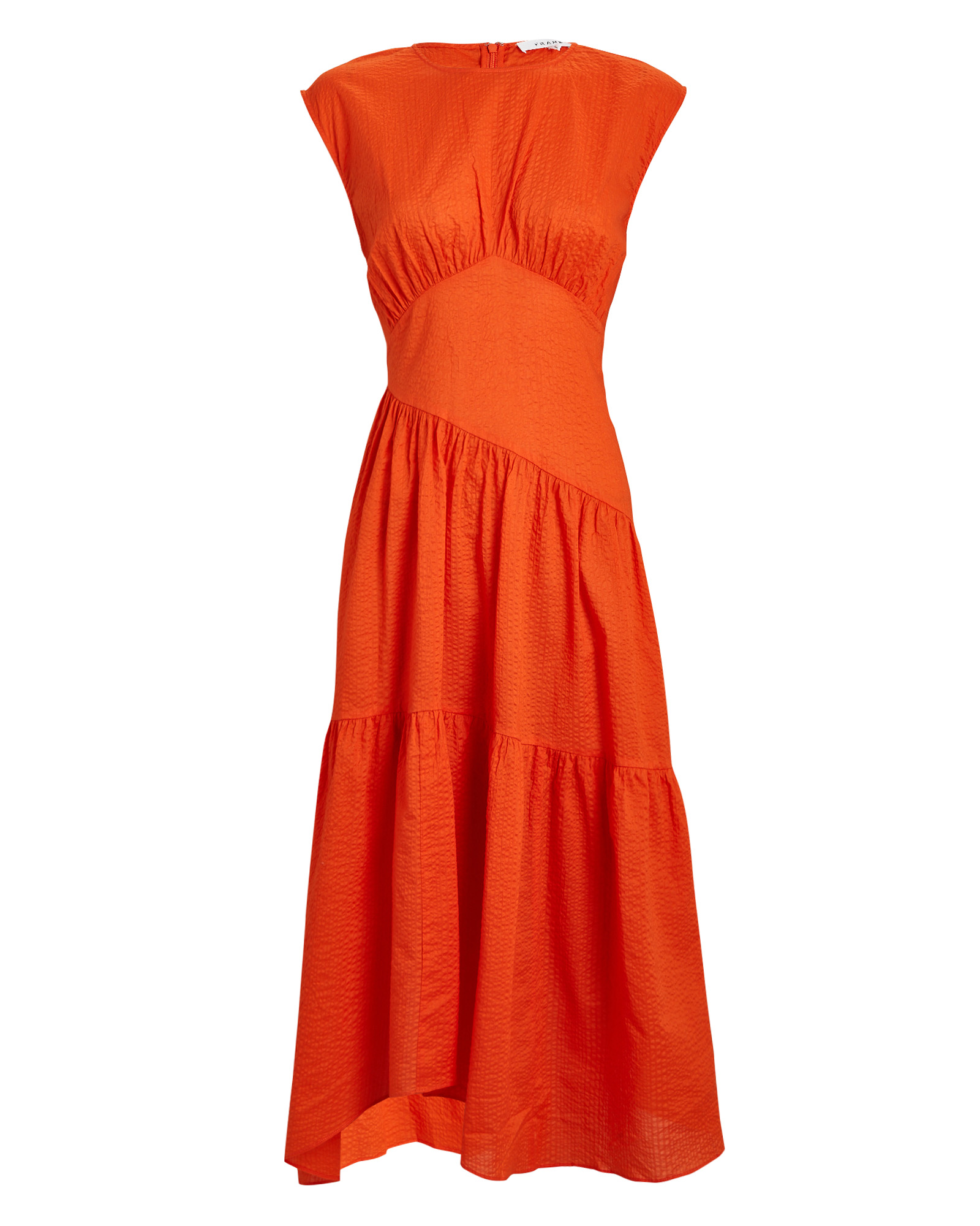 FRAME Tiered Cotton Seersucker Midi Dress | INTERMIX®