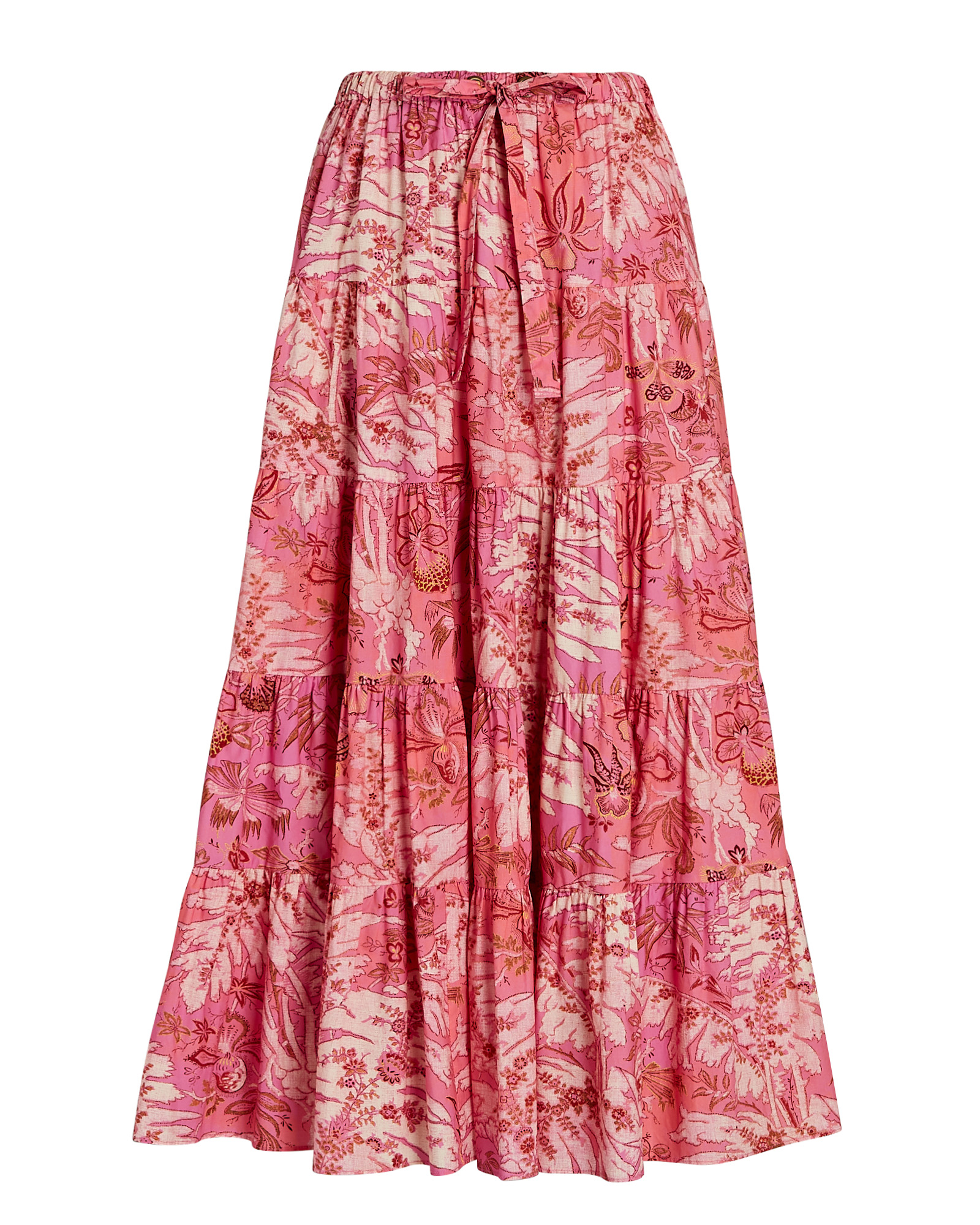 Ulla Johnson Makana Tiered Cotton Poplin Midi Skirt In Pink | ModeSens