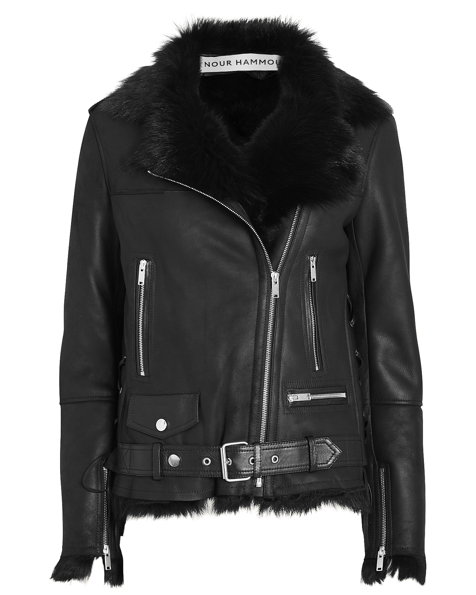 Nour Hammour Vivienne Shearling-Trimmed Moto Jacket in black | INTERMIX®