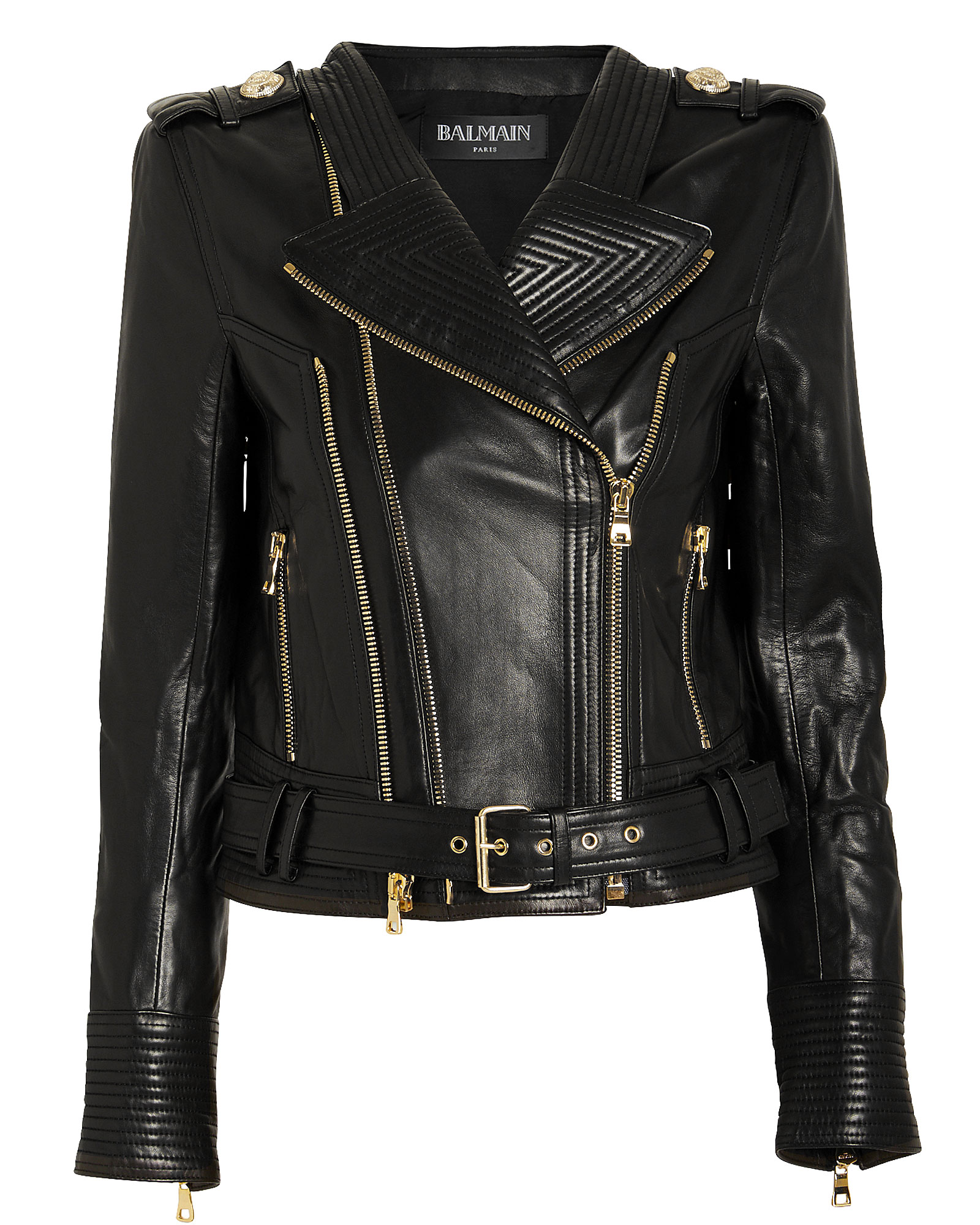 Balmain Cropped Leather Moto Jacket in black | INTERMIX®