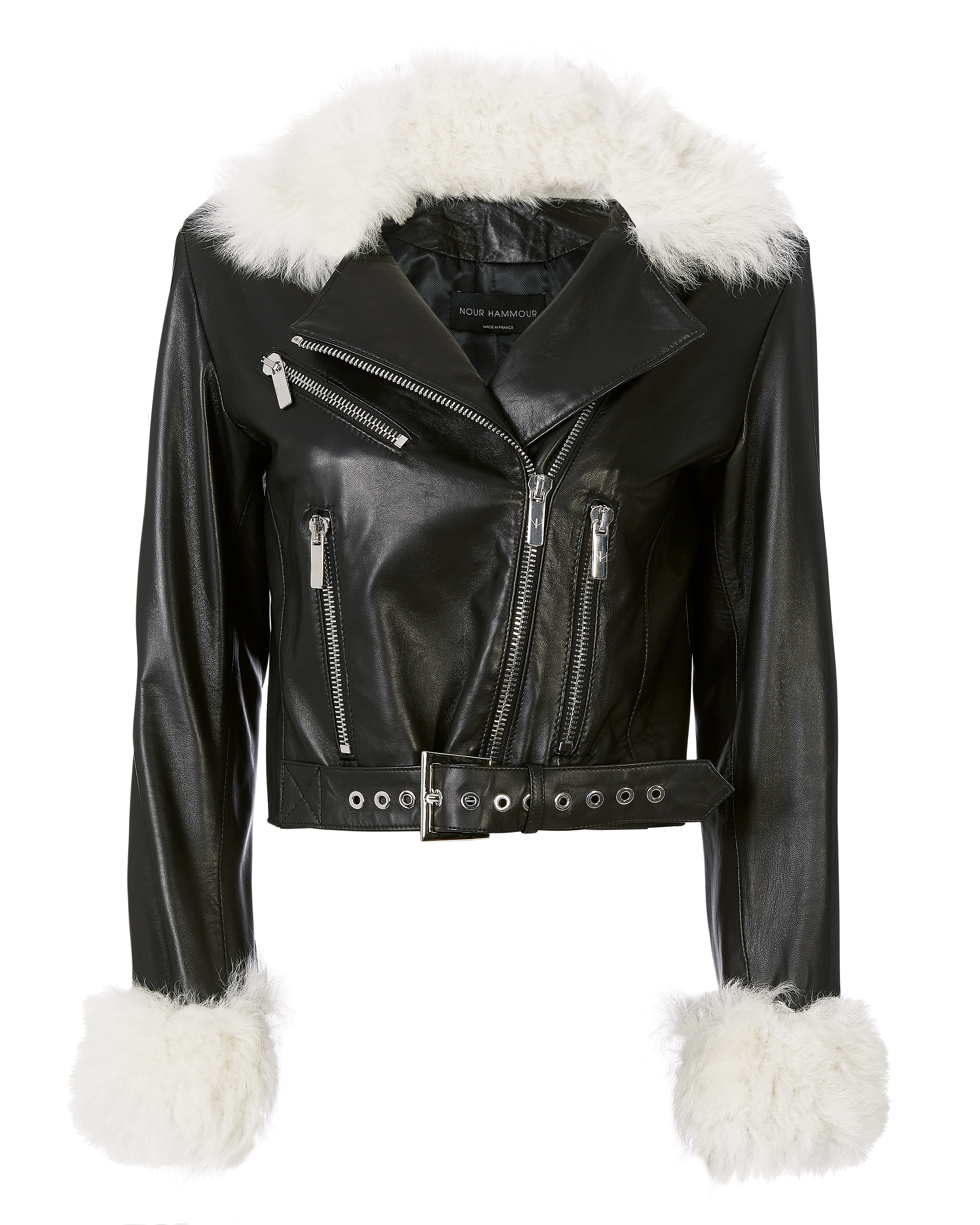 Nour Hammour White Shearling Trim Leather Jacket in black | INTERMIX®