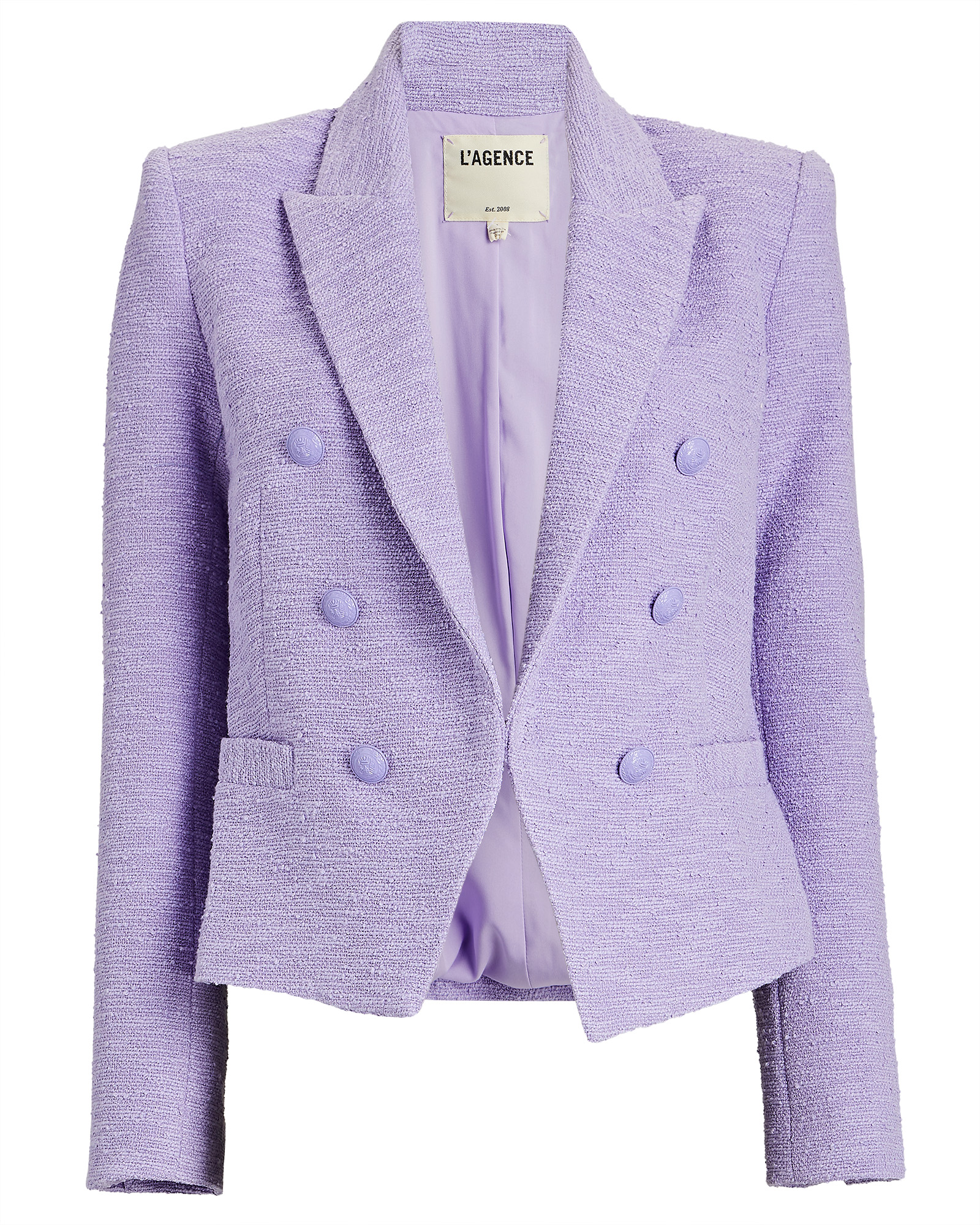 LAgence Tweed Brooke Double Breasted Crop Blazer in Lavender Womens Clothing Jackets Blazers Purple sport coats and suit jackets 