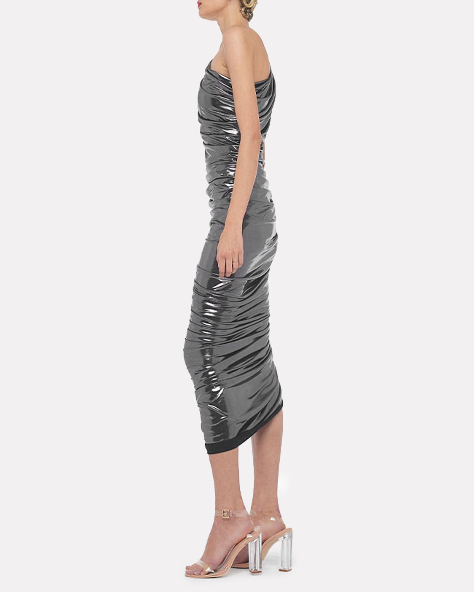 Norma Kamali Diana Ruched One-Shoulder Dress in Silver | INTERMIX®