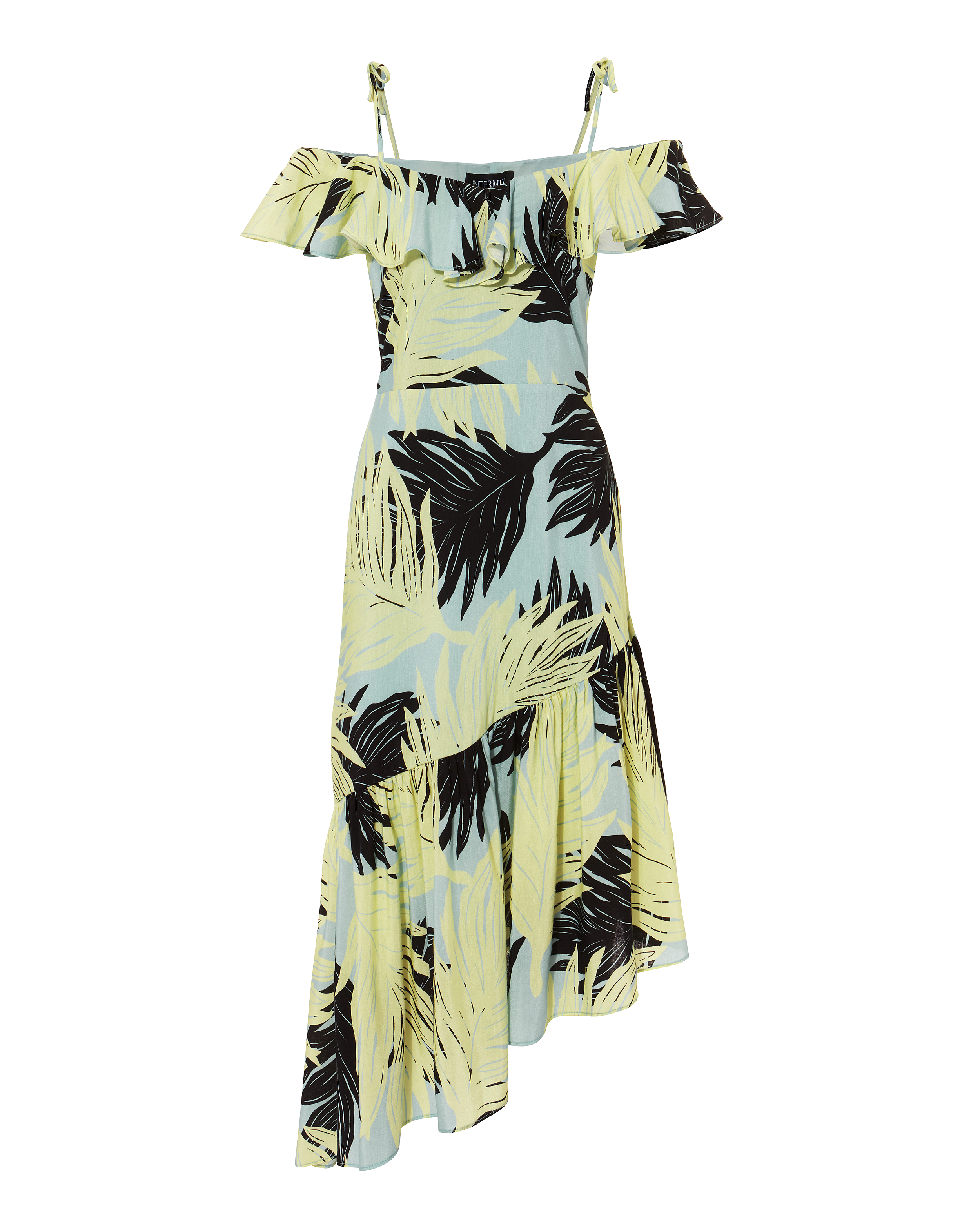 Palm Print Off Shoulder Asymmetrical Dress | Intermix