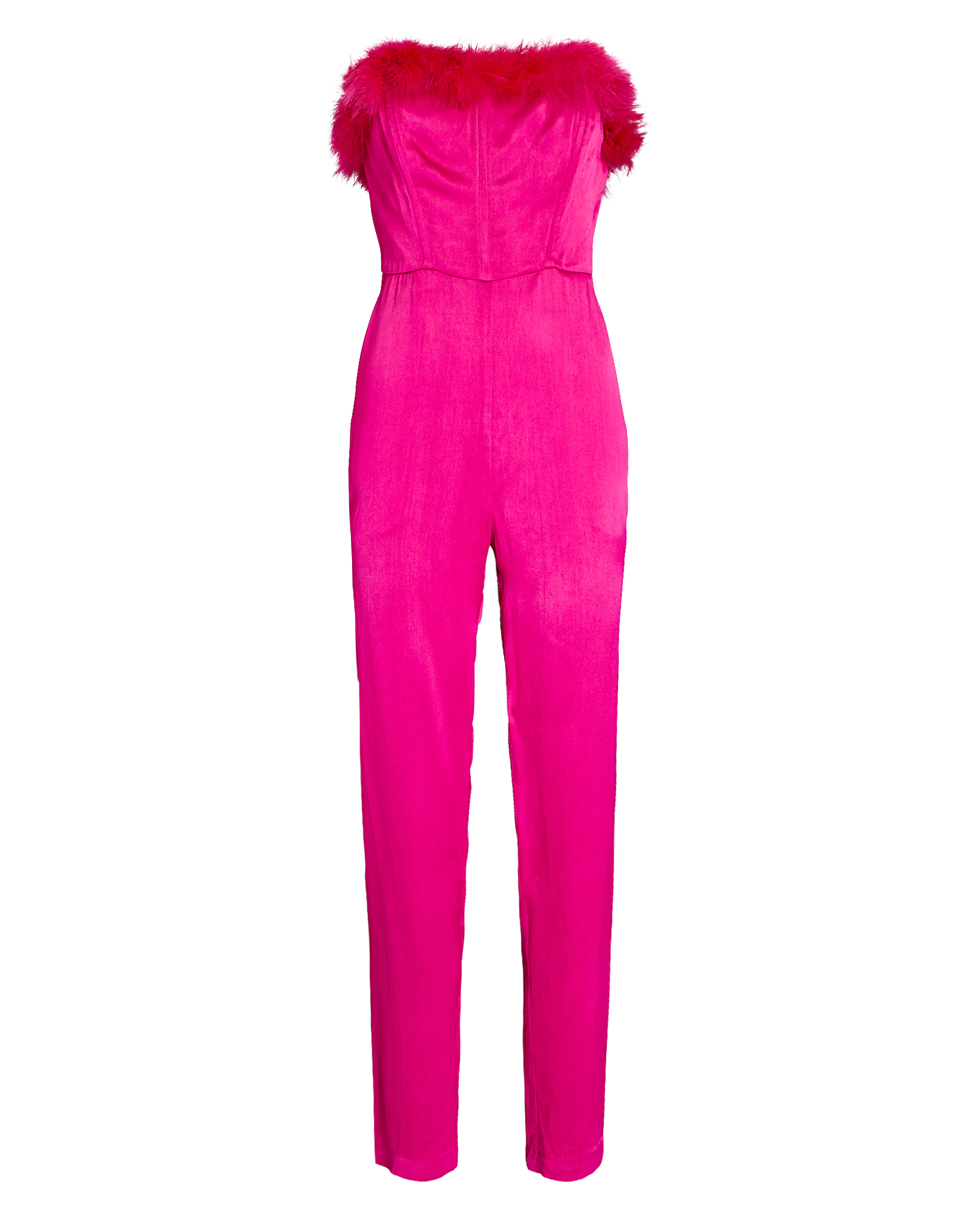SAYLOR RAYA FAUX FEATHER-TRIMMED SATIN JUMPSUIT