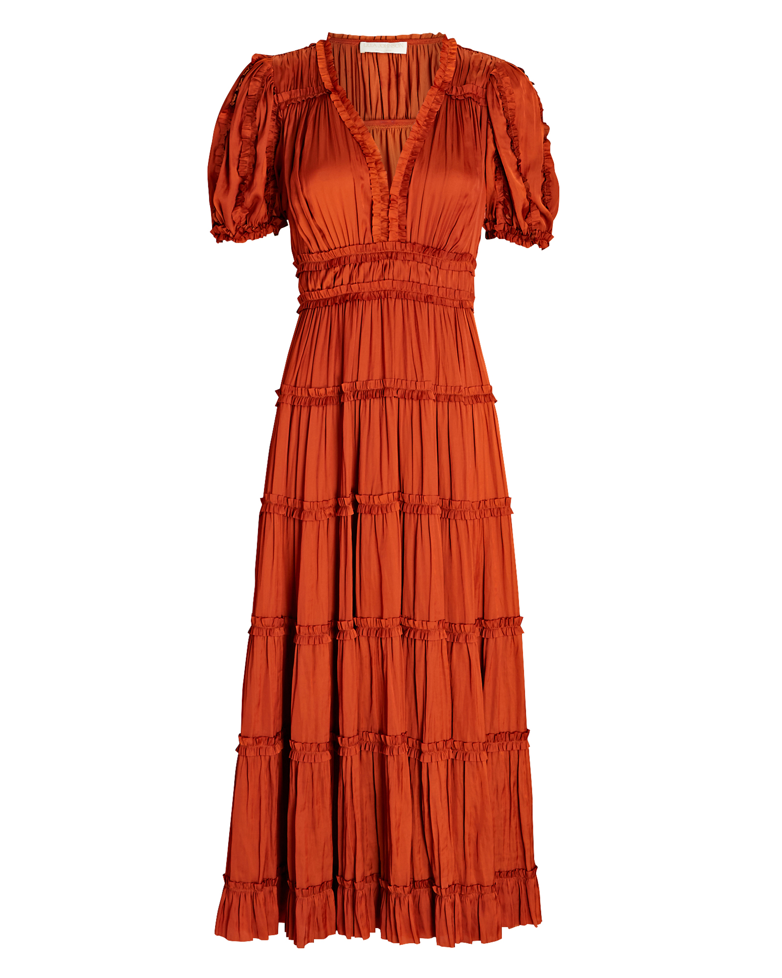 Ulla Johnson Rose Ruffled Plissé Satin Midi Dress in Orange | INTERMIX®