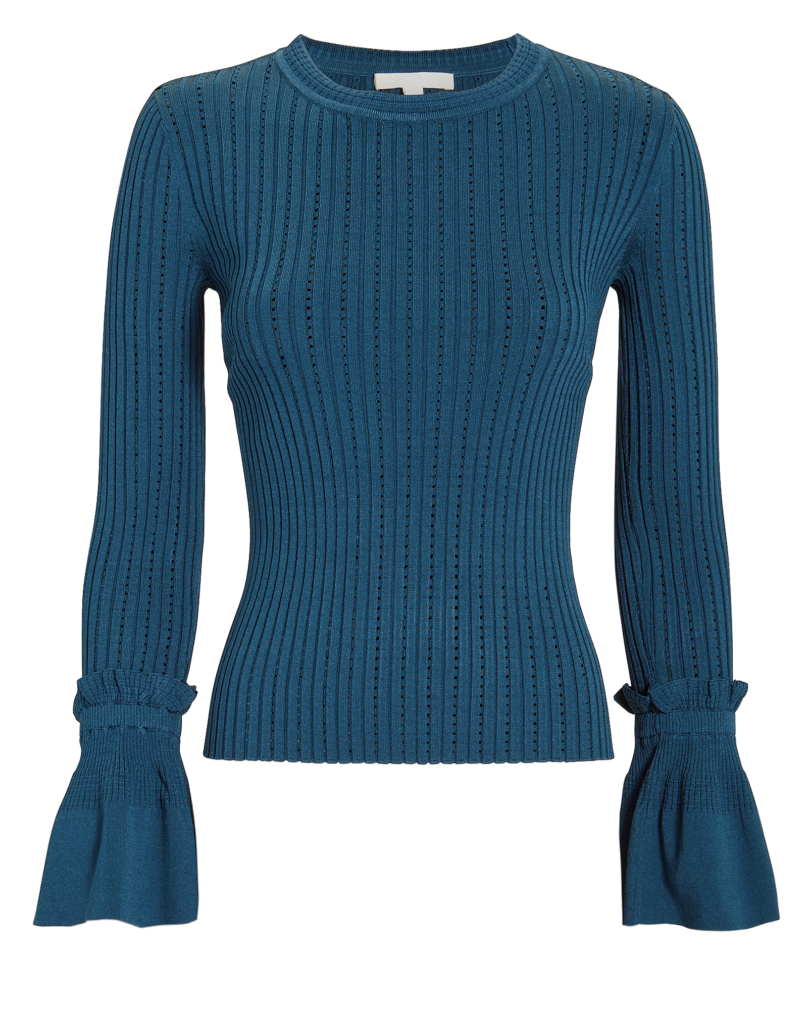 Blue Pointelle Bell-Sleeved Sweater