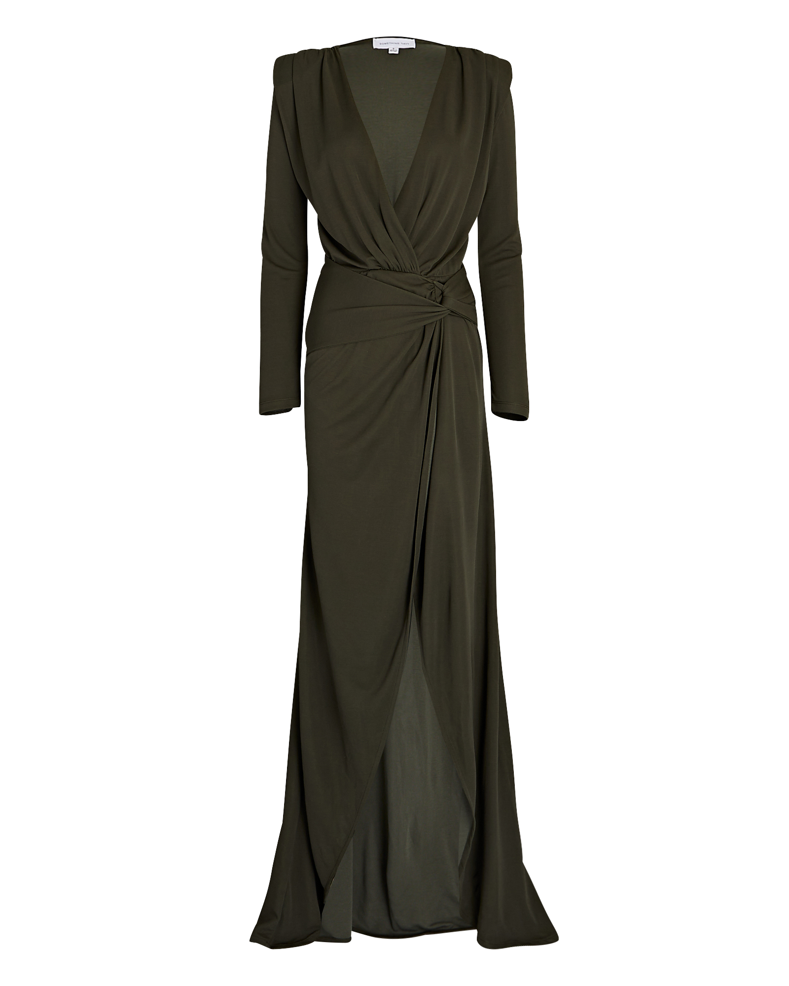 SOMETHING NAVY WRAP-EFFECT JERSEY GOWN