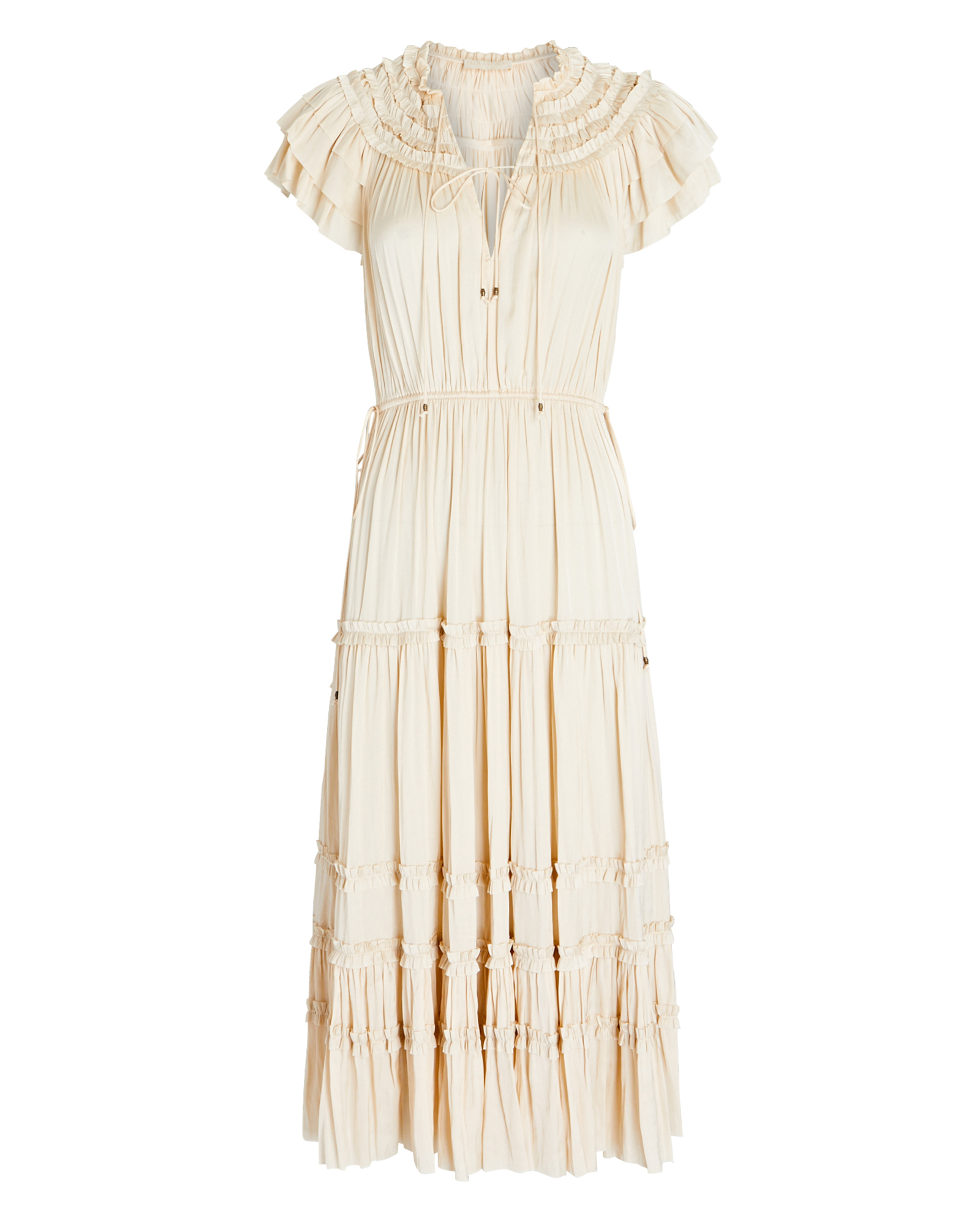 Ulla Johnson Isadora Ruffled Plissé Satin Midi Dress in Ivory | INTERMIX®
