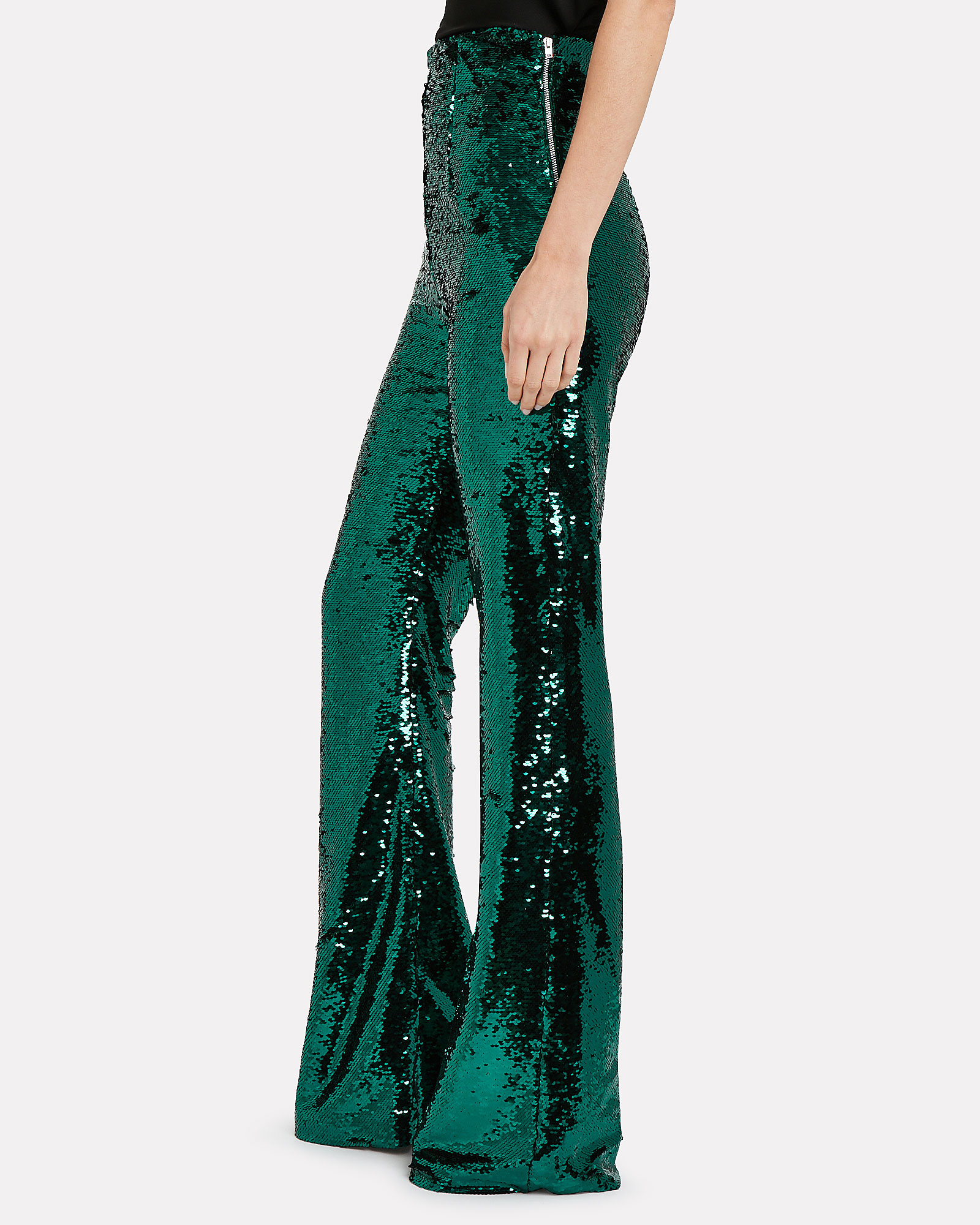 16ARLINGTON Newman Flared Sequin-Embellished Trousers in green b ...