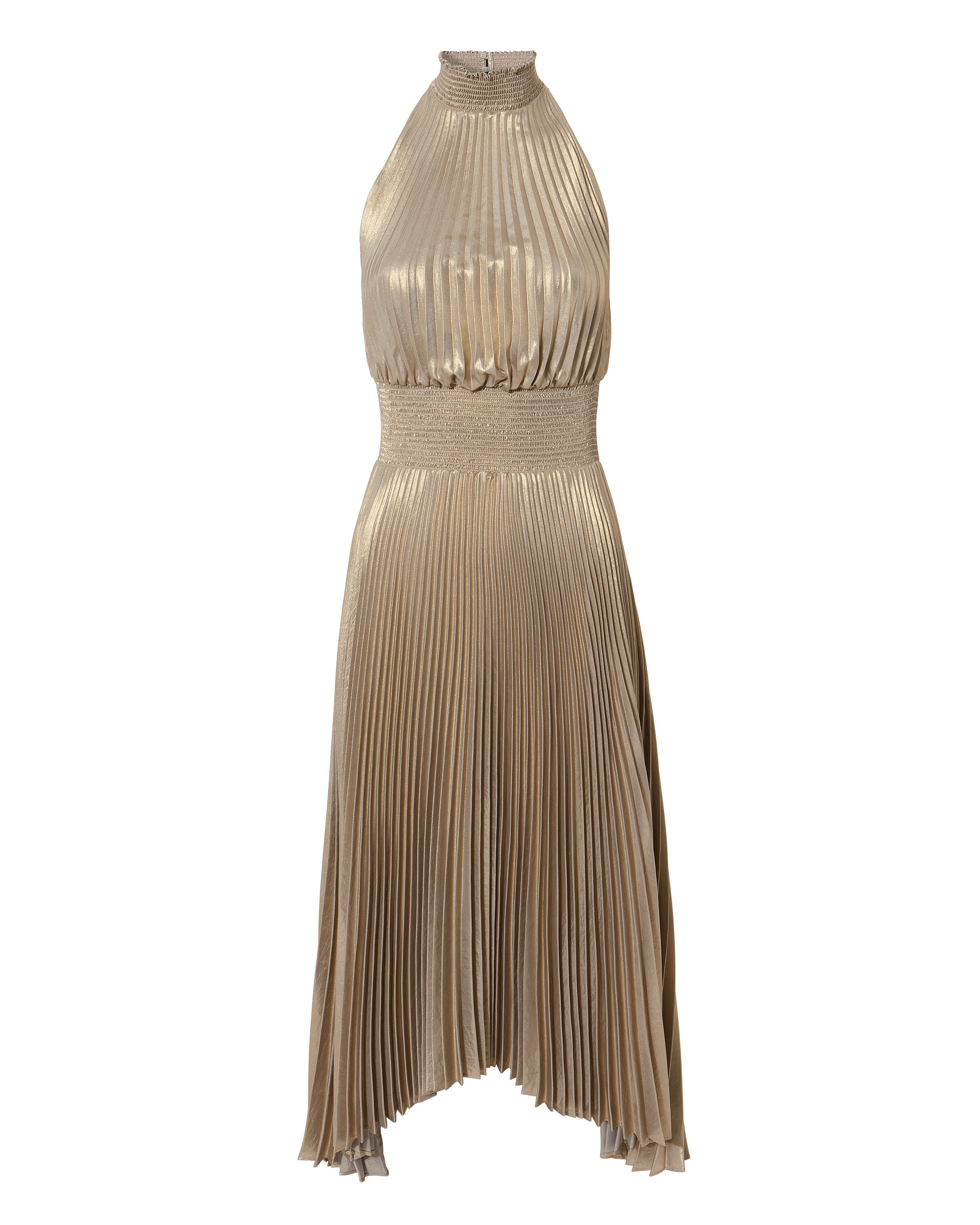 Renzo High Neck Metallic Pleated Midi Dress | A.L.C.