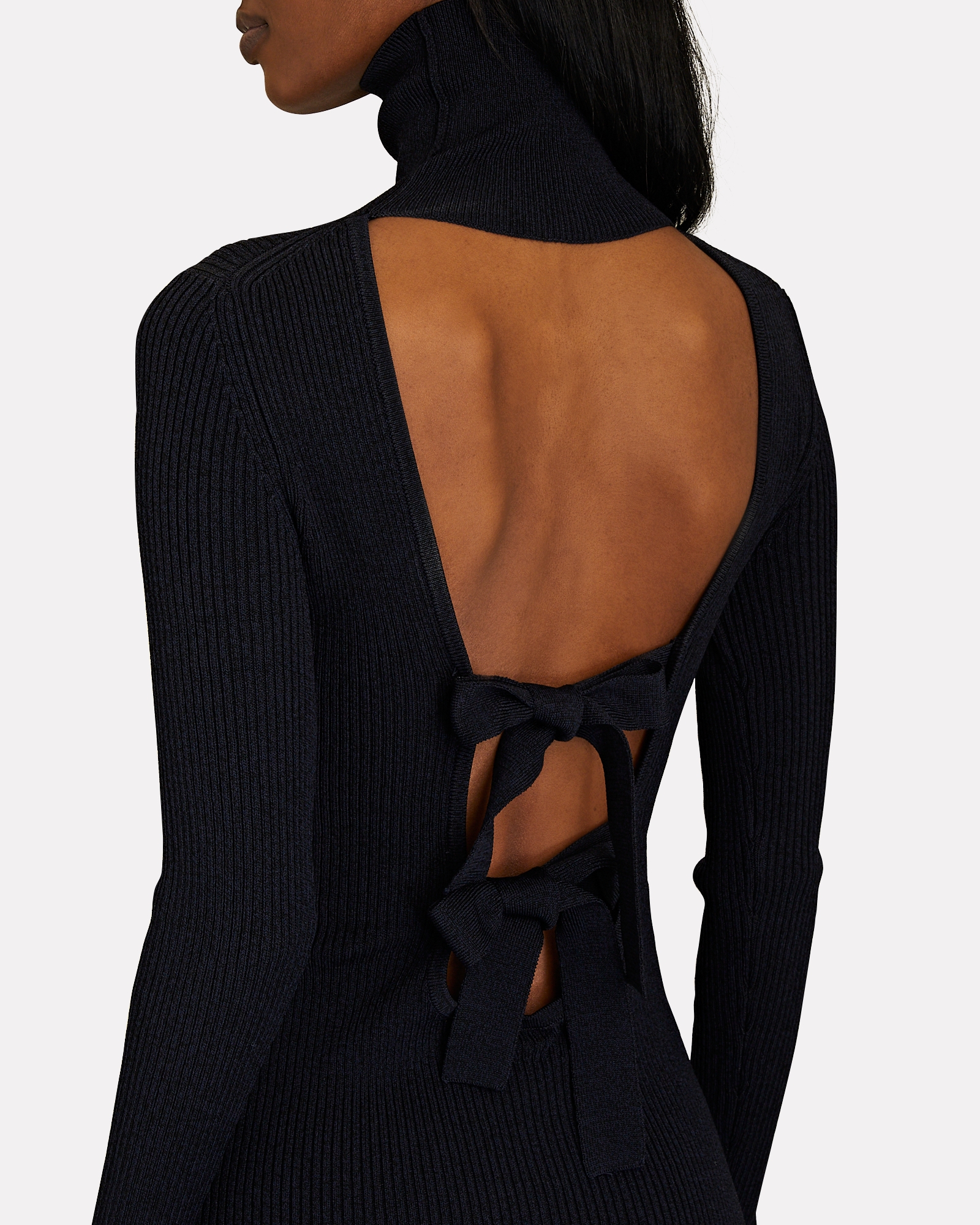 GANNI Open-Back Ruffled Rib-Knit Midi Dress | INTERMIX®