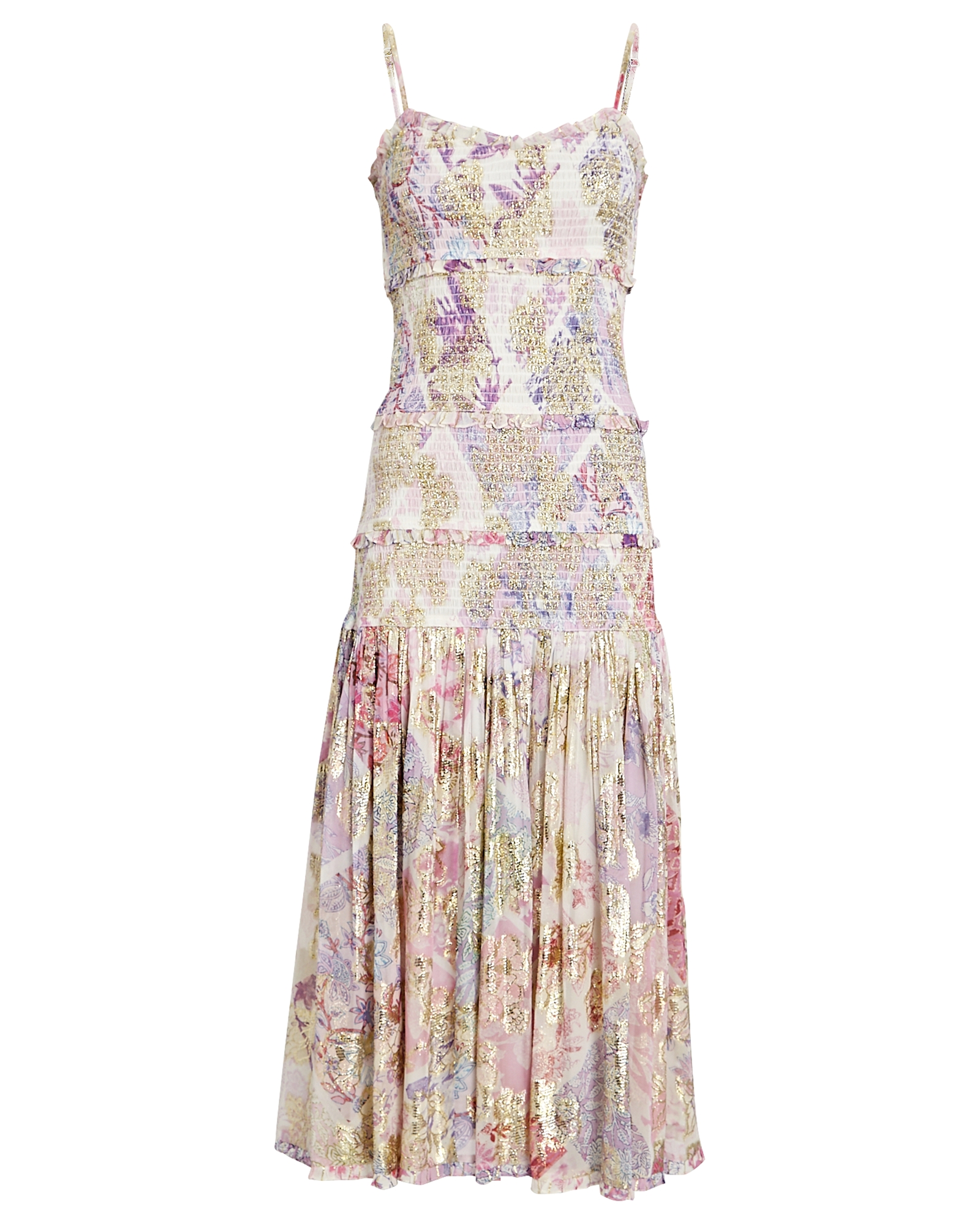 Hemant & Nandita Asher Smocked Floral Midi Dress In White/purple/gold ...
