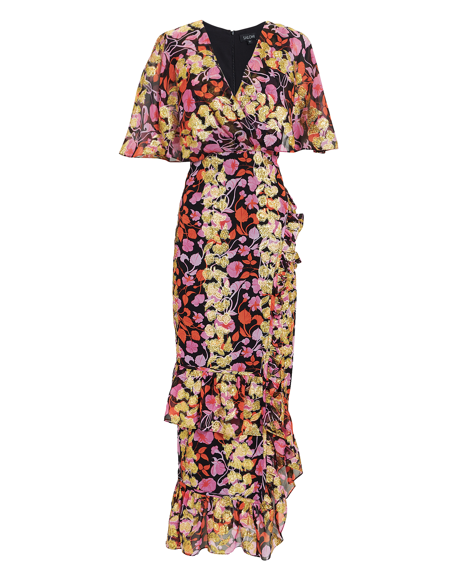 Cape Overlay Metallic Floral Midi Dress