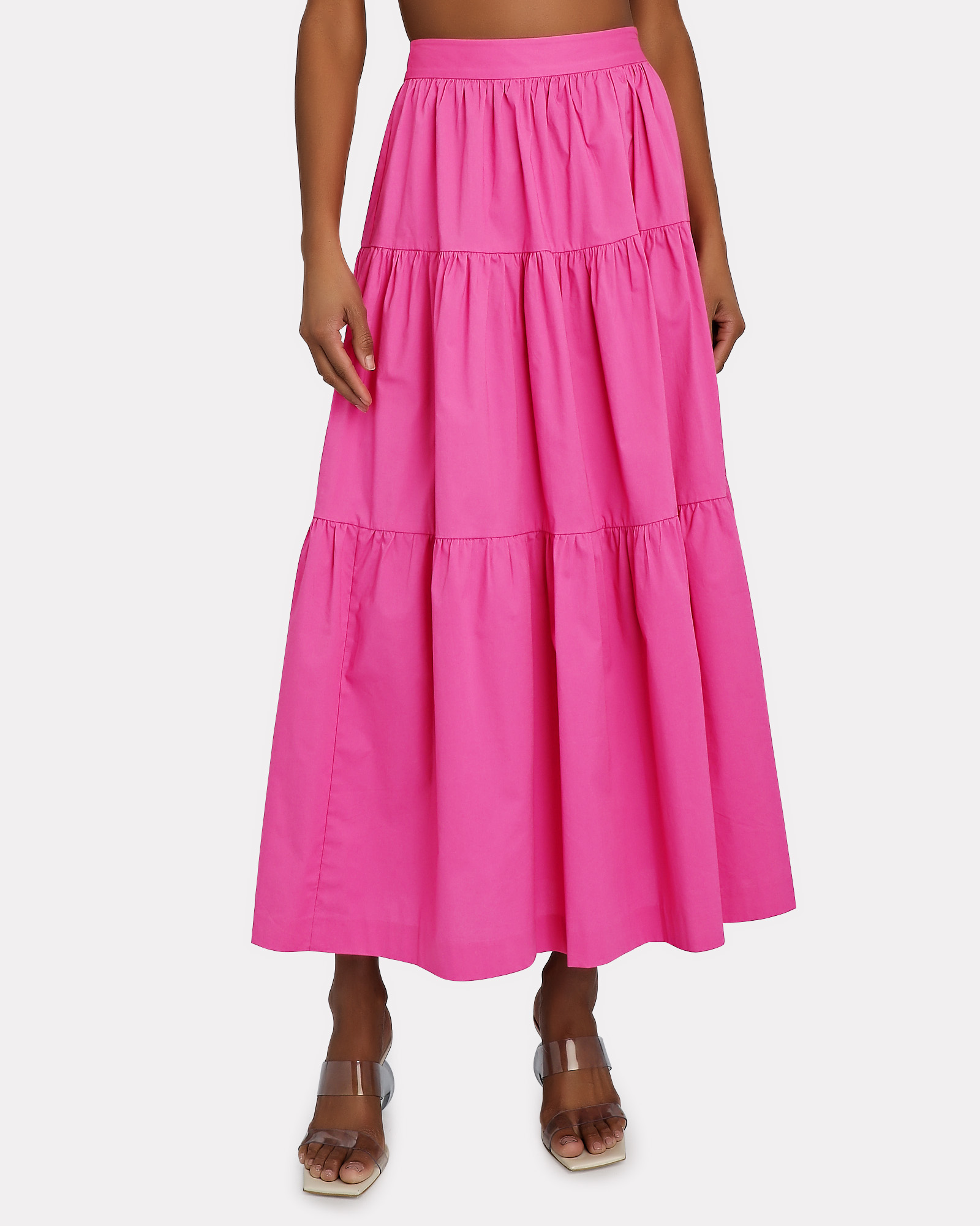 STAUD Sea Tiered Poplin Midi Skirt in Pink | INTERMIX®